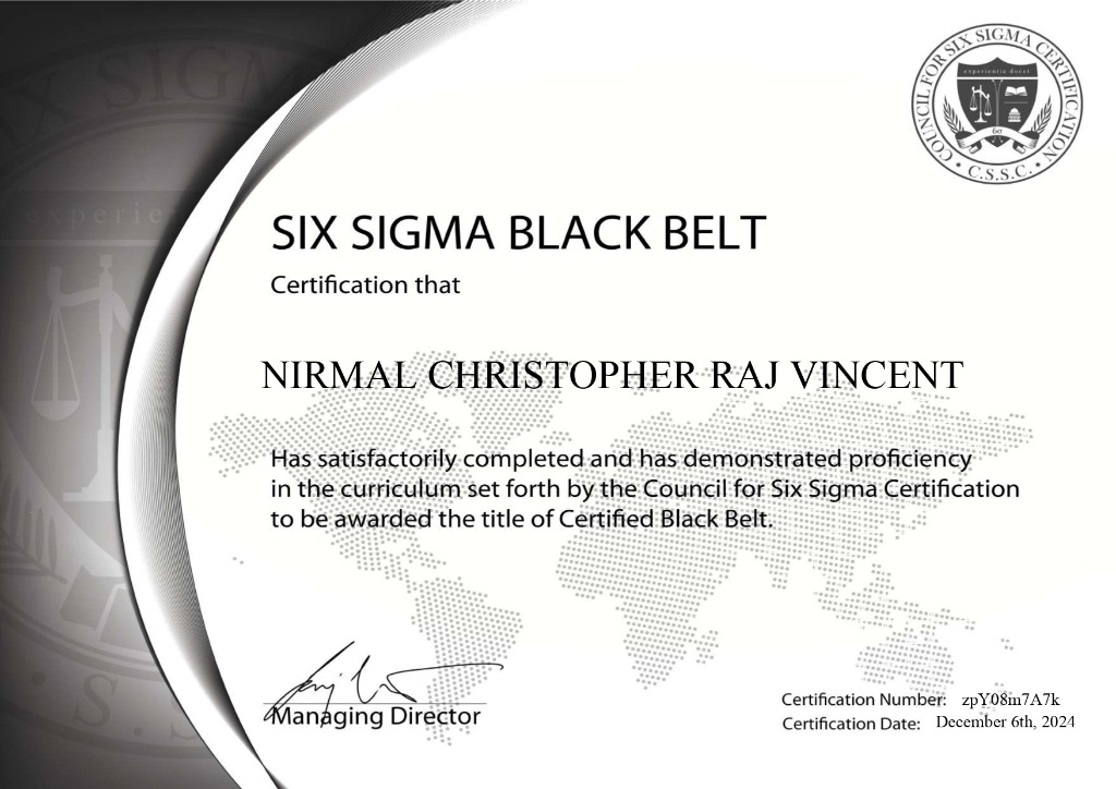 Lean Six Sigma Black Belt Certificate - Nirmal Christopher